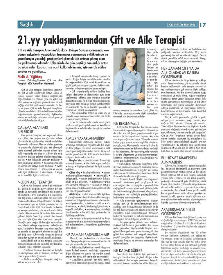 Cumhuriyet Gazetesi - 21.yy yaklaşımlarından Çift ve Aile Terapisi